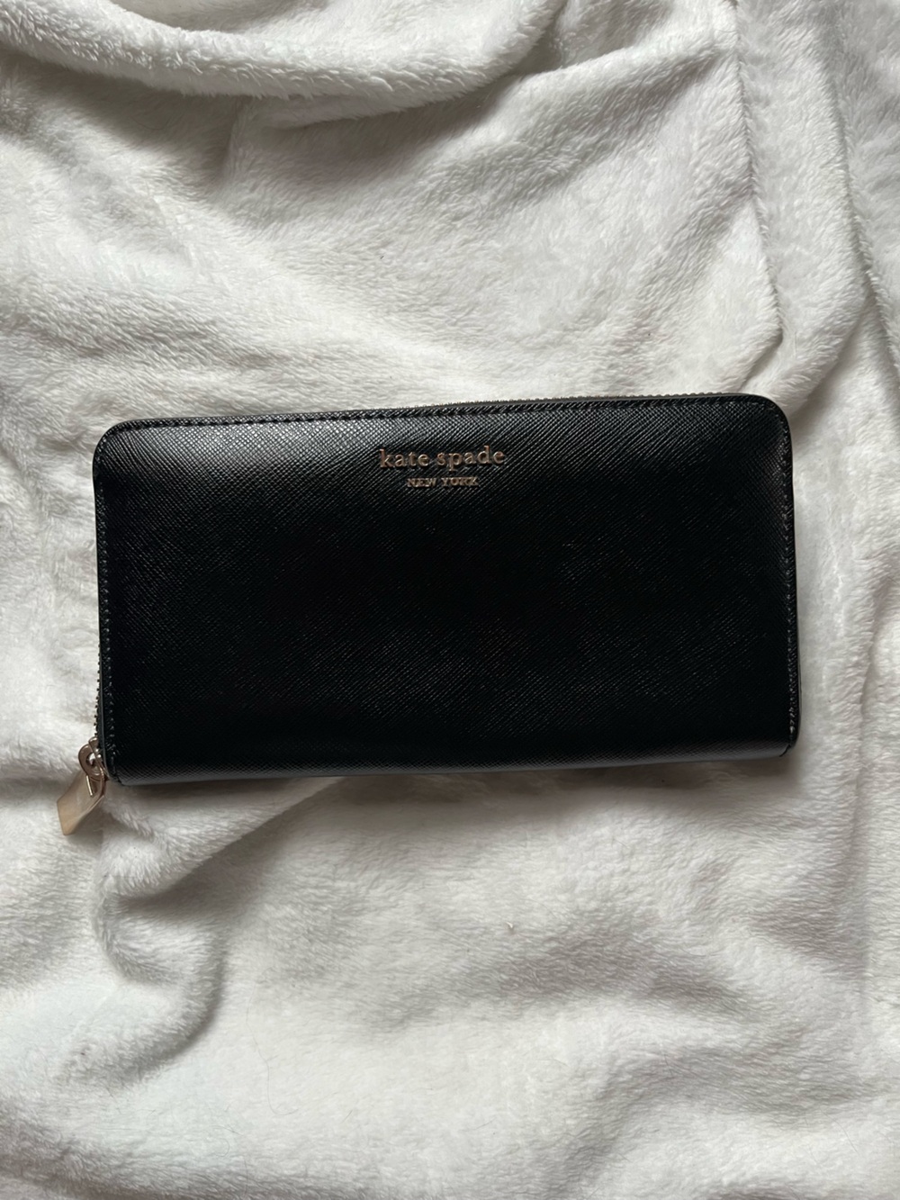kate spade Black Saffiano Zip Wallet with Gold Logo